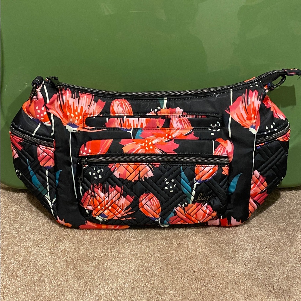 Lug. Medium Crossbody “Cha Cha”. In Pompom Floral Black. NEW